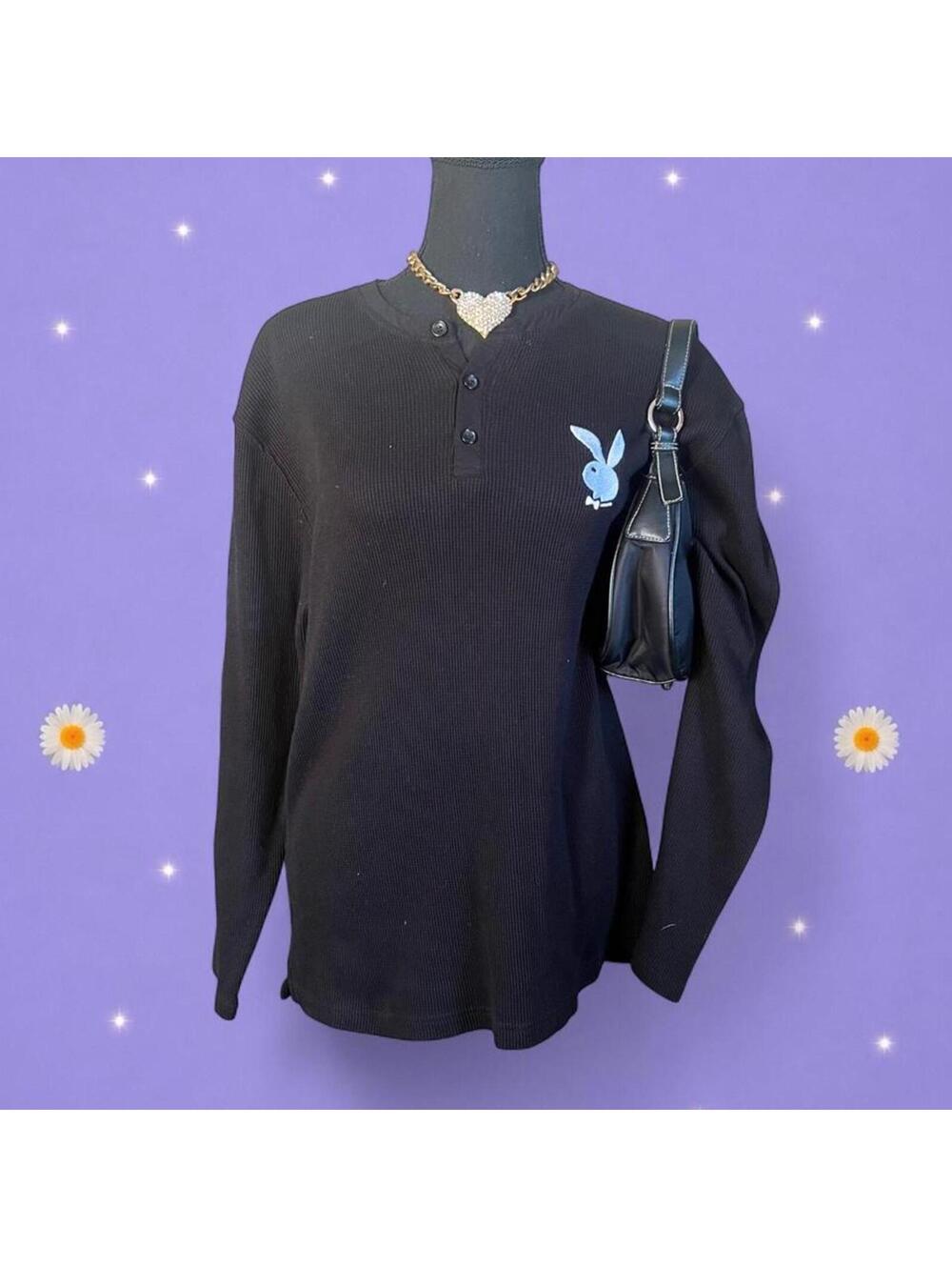 Vintage Y2K Playboy PacSun Bunny Indie Sleaze Henley Thermal Top Size Medium 🖤